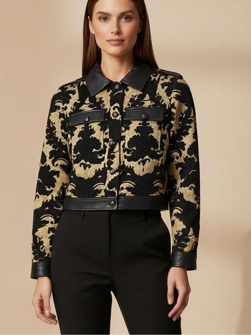 White House Black Market Black and Gold Brocade Cropped Jacket
